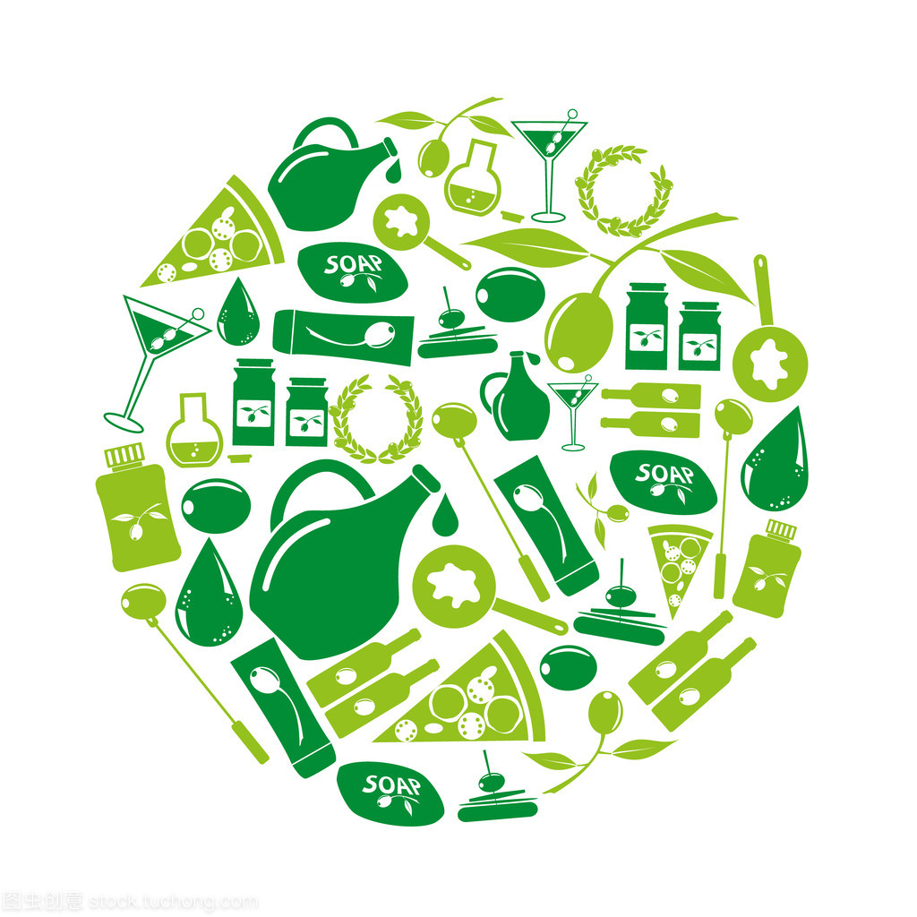 橄欖和橄欖產品主題綠色圖標設置 eps10